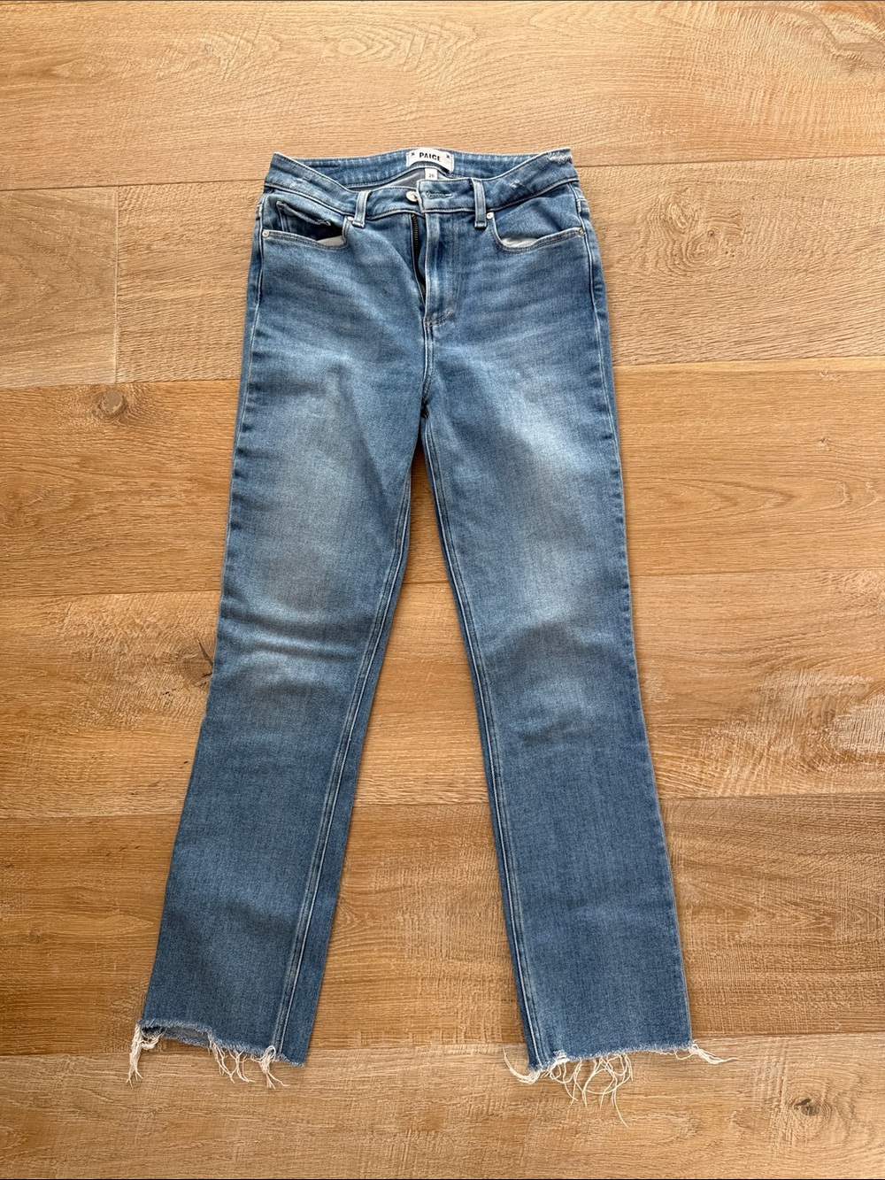 PAIGE Medium Wash Cropped Straight-Leg Jeans with Raw Hem
